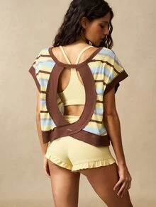 VARSIVA Backless Contrast Stripe Print Round Neck Summer Short Sleeve Sports Casual T-Shirt Gym Blue And Yellow Striped Yellow. - Multicolor - View 2