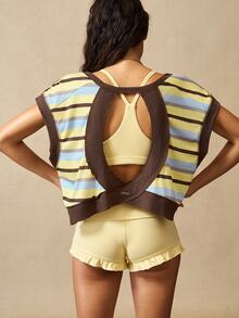 VARSIVA Backless Contrast Stripe Print Round Neck Summer Short Sleeve Sports Casual T-Shirt Gym Blue And Yellow Striped Yellow. - Multicolor - View 8