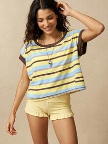 VARSIVA Backless Contrast Stripe Print Round Neck Summer Short Sleeve Sports Casual T-Shirt Gym Blue And Yellow Striped Yellow. - Multicolor - View 10