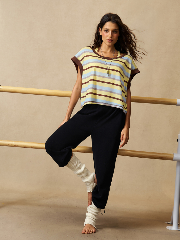 VARSIVA Backless Contrast Stripe Print Round Neck Summer Short Sleeve Sports Casual T-Shirt Gym Blue And Yellow Striped Yellow. - Multicolor - View 6