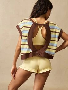 VARSIVA Backless Contrast Stripe Print Round Neck Summer Short Sleeve Sports Casual T-Shirt Gym Blue And Yellow Striped Yellow. - Multicolor - View 5