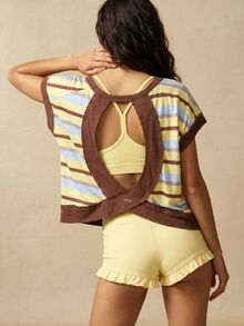 VARSIVA Backless Contrast Stripe Print Round Neck Summer Short Sleeve Sports Casual T-Shirt Gym Blue And Yellow Striped Yellow. - Multicolor - View 7