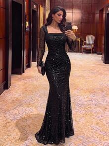 Aureia 優雅奢華黑色亮片珠飾透視長袖不對稱領口抓褶修身魚尾拖尾拼接側荷葉邊重工裝飾晚禮服，適用婚禮活動、盛會派對、舞會、正式晚宴，新娘及新娘母親禮服 - 黑色 - 查看 2