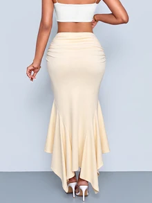 SOLERSUN Women's Low Rise Ruched Stretch Long Skirt With Draped Gathered & Flared Hem Mermaid Maxi Skirt - Apricot - View 3