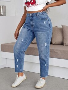 SHEIN ICON 大尺碼休閒水洗破洞牛仔褲 秋季女款牛仔女郎穿搭 藍色牛仔褲 返校季 - 藍色 - 查看 7