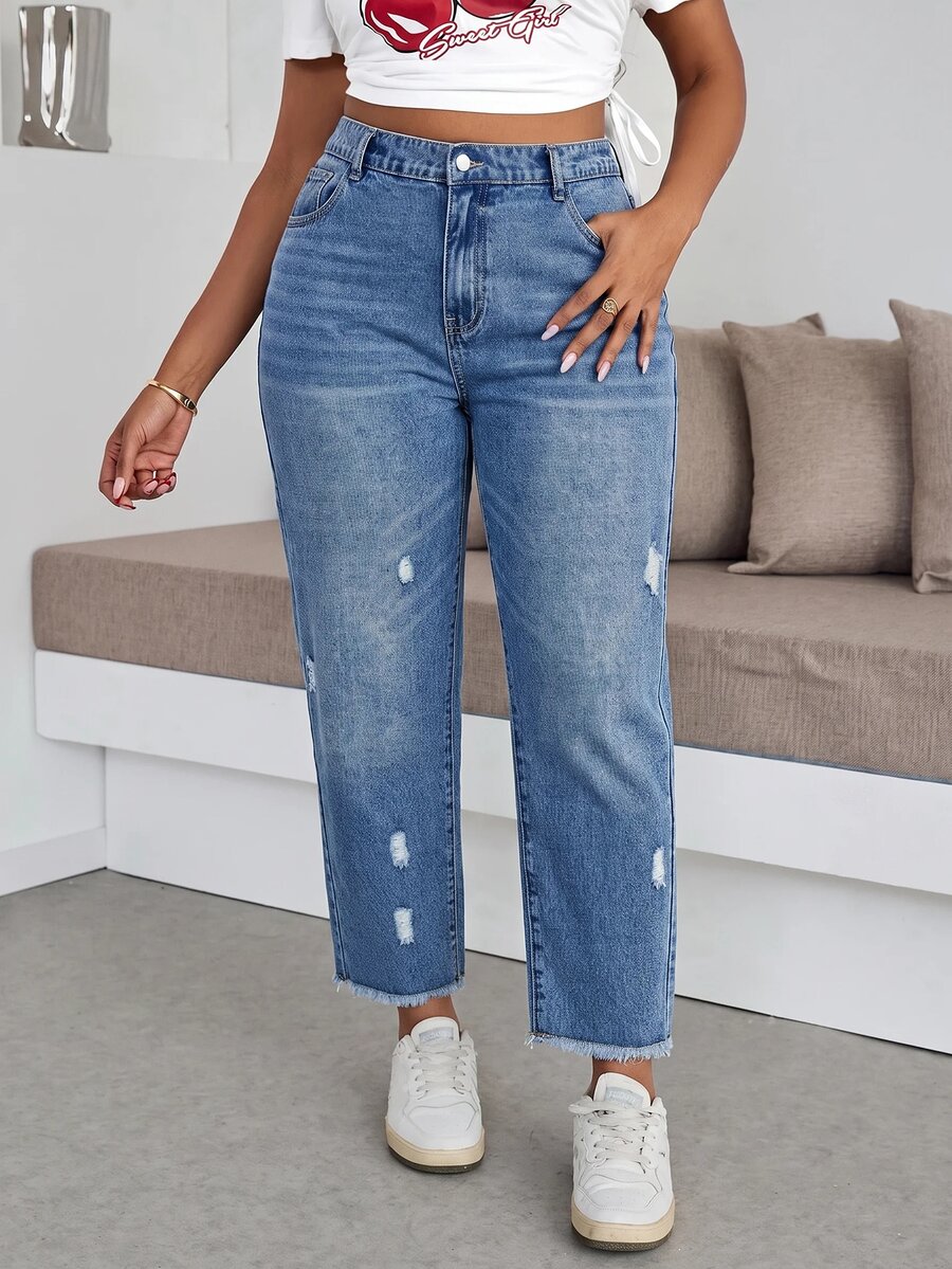 SHEIN ICON 大尺碼休閒水洗破洞牛仔褲 秋季女款牛仔女郎穿搭 藍色牛仔褲 返校季 - 藍色 - 查看 1