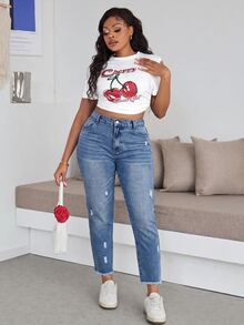 SHEIN ICON 大尺碼休閒水洗破洞牛仔褲 秋季女款牛仔女郎穿搭 藍色牛仔褲 返校季 - 藍色 - 查看 5