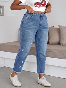SHEIN ICON 大尺碼休閒水洗破洞牛仔褲 秋季女款牛仔女郎穿搭 藍色牛仔褲 返校季 - 藍色 - 查看 4