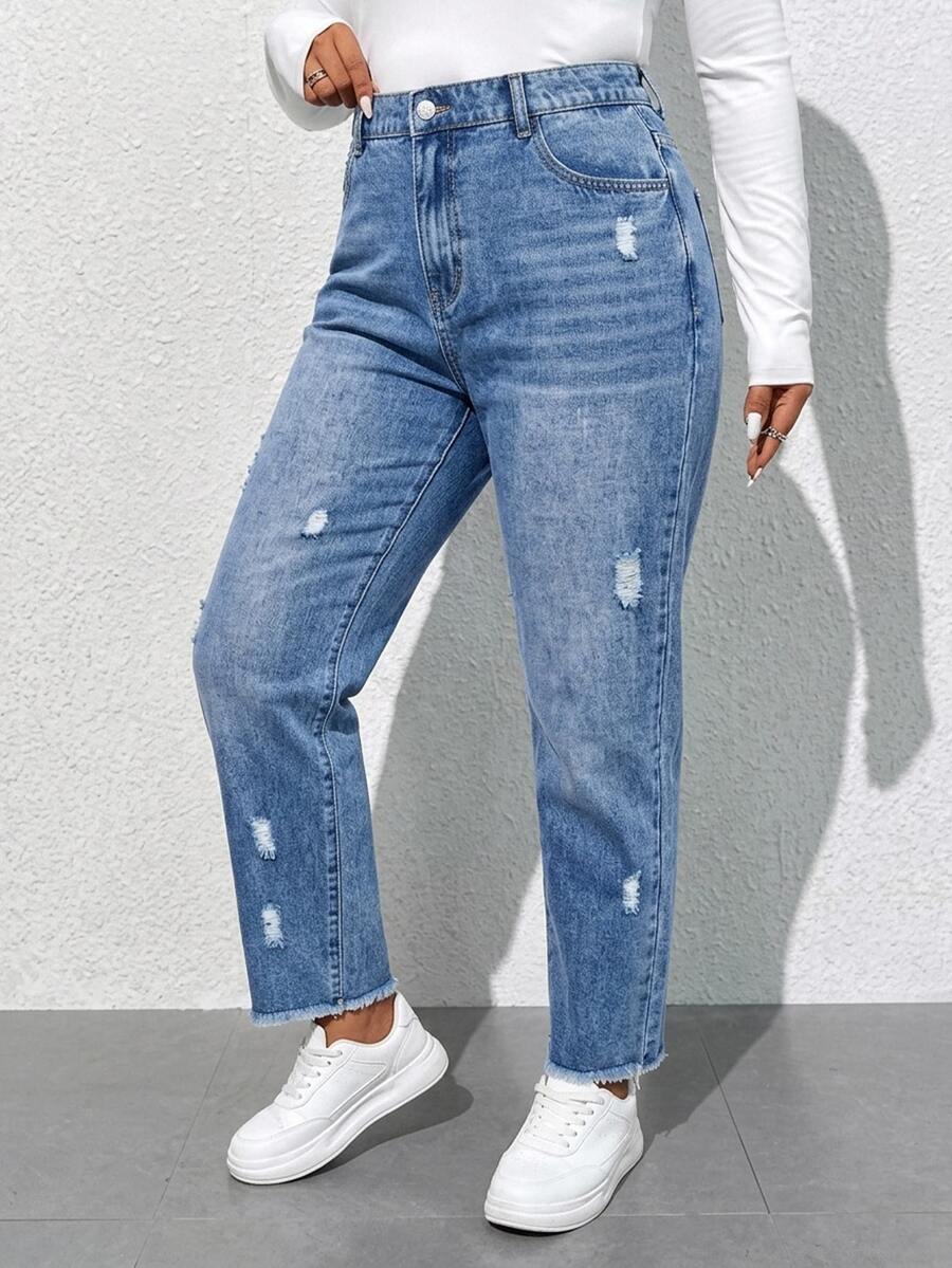 SHEIN ICON Celana Jeans Ukuran Besar Kasual dengan Efek Lusuh dan Pudar, Busana Koboi Musim Gugur untuk Wanita, Celana Jeans Biru untuk Kembali ke Sekolah - Biru - View 1