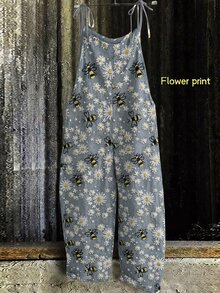 Linhara Plus Size Women's Floral Bee Embroidery Pattern Casual Daily Outing Strappy Jumpsuit Wide Leg Pants Fall - Multicolor - View 7