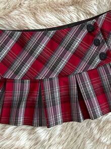 IslaSuriya Y2K Retro Red Plaid Pleated Mini Skirt - Multicolor - View 5
