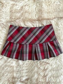 IslaSuriya Y2K Retro Red Plaid Pleated Mini Skirt - Multicolor - View 2