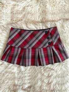 IslaSuriya Y2K Retro Red Plaid Pleated Mini Skirt - Multicolor - View 1