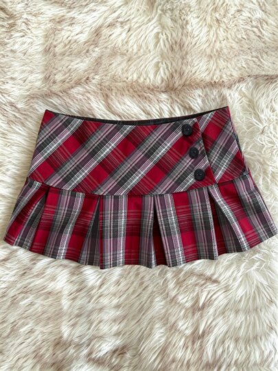 IslaSuriya Y2K Retro Red Plaid Pleated Mini Skirt