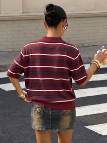 Muchica Women's Contrast Stripe Knit Top - Burgundy - View 2