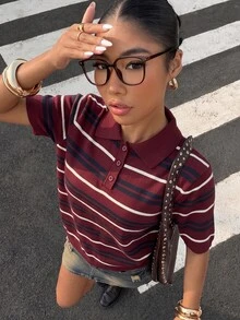 Muchica Women's Contrast Stripe Knit Top - Burgundy - View 1