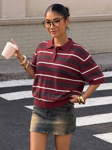 Muchica Women's Contrast Stripe Knit Top - Burgundy - View 4