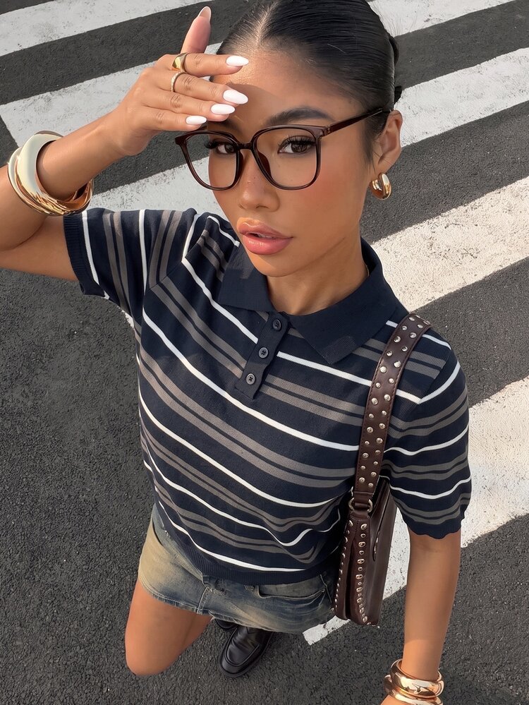 Muchica Navy Blue Striped Women's Polo Collar Short Sleeve Knit Top Everyday School Summer Casual - Navy Blue - View 1