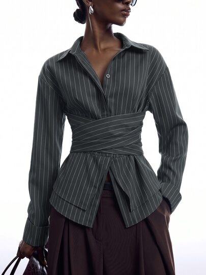LYSMO Dark Gray Women's Striped Dropped Shoulder Long Sleeve Single-Breasted Shirt