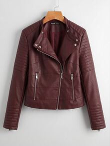 Comfortcana Burgundy Women's Long Sleeve Zipper Front PU Leather Motorcycle Jacket - Burgundy - View 3