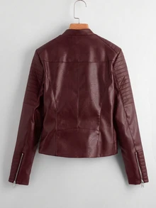 Comfortcana Burgundy Women's Long Sleeve Zipper Front PU Leather Motorcycle Jacket - Burgundy - View 2