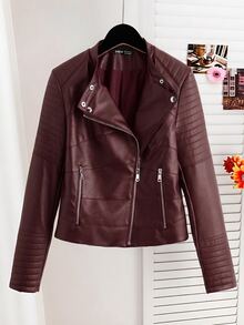 Comfortcana Burgundy Women's Long Sleeve Zipper Front PU Leather Motorcycle Jacket - Burgundy - View 1
