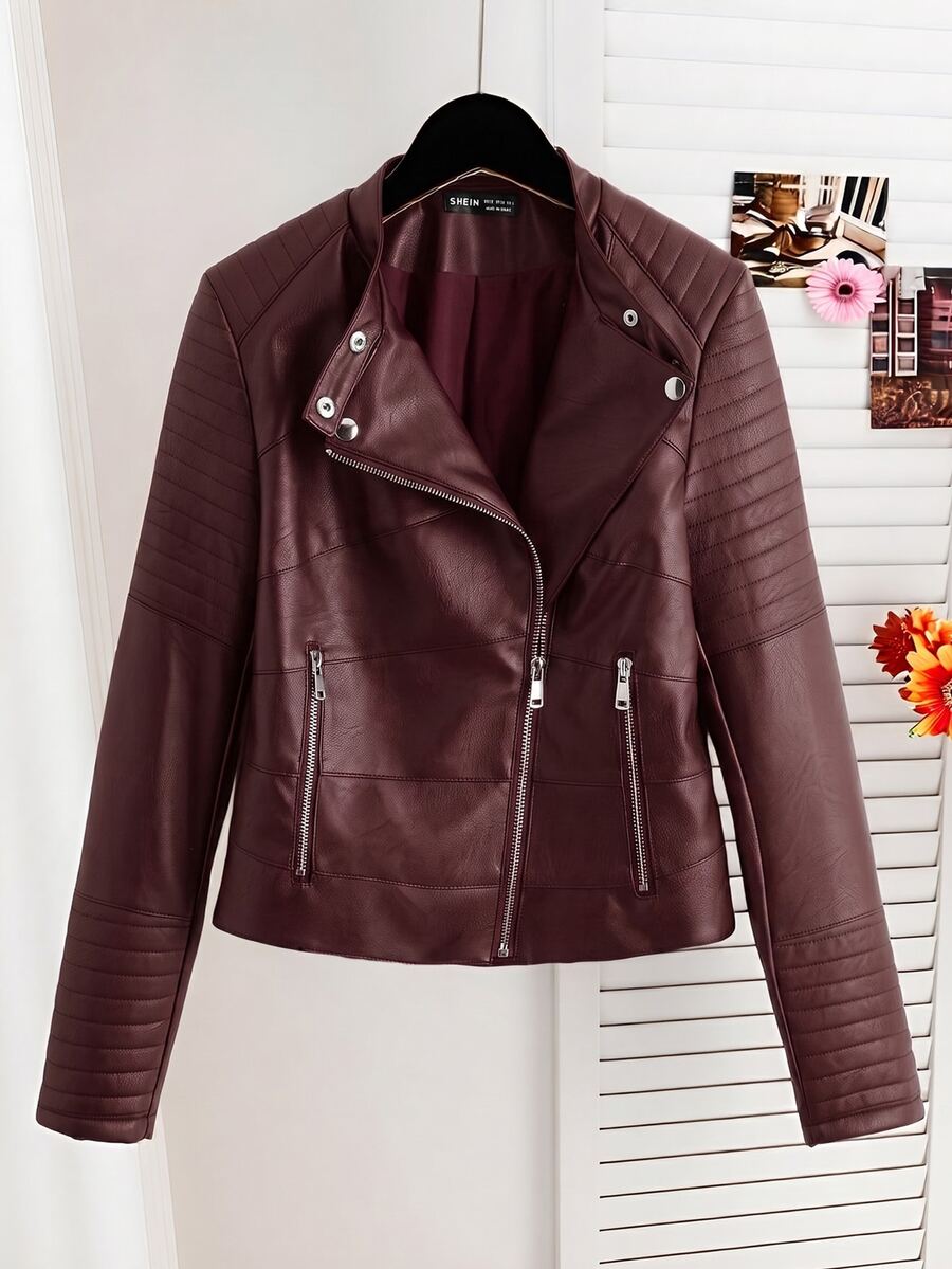 Comfortcana Burgundy Women's Long Sleeve Zipper Front PU Leather Motorcycle Jacket - Burgundy - View 1