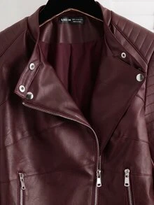Comfortcana Burgundy Women's Long Sleeve Zipper Front PU Leather Motorcycle Jacket - Burgundy - View 5