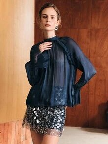 Anewsta 女款圓領長袖休閒外出上衣 - 藏蓝色 - 查看 3