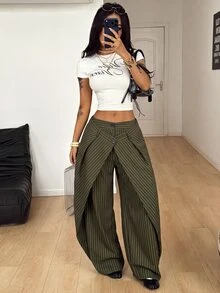 Coolane Women's Striped Casual Versatile Daily Wear Long Pants - Army Green - View 4