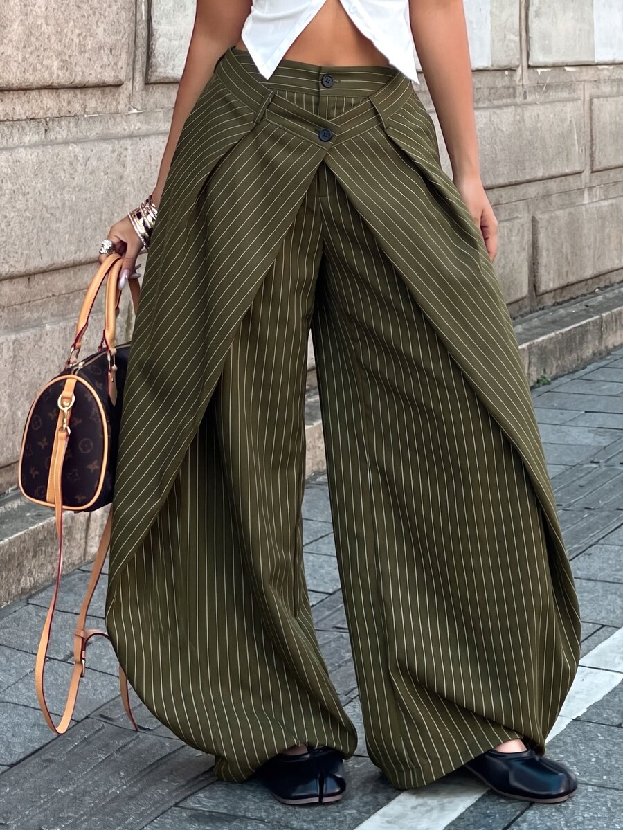 Coolane Women's Striped Casual Versatile Daily Wear Long Pants - Army Green - View 1