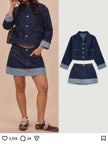 SHEIN 2Pcs Teen Girl Dark Blue Denim Loose Short Jacket And Comfortable Half-Length Skirt Black To School - Blue - View 1