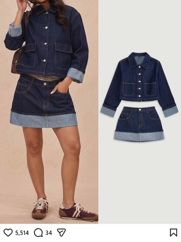 SHEIN 2Pcs Teen Girl Dark Blue Denim Loose Short Jacket And Comfortable Half-Length Skirt Black To School