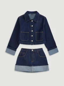 SHEIN 2Pcs Teen Girl Dark Blue Denim Loose Short Jacket And Comfortable Half-Length Skirt Black To School - Blue - View 6