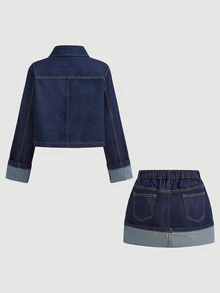 SHEIN 2Pcs Teen Girl Dark Blue Denim Loose Short Jacket And Comfortable Half-Length Skirt Black To School - Blue - View 2