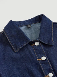 SHEIN 2Pcs Teen Girl Dark Blue Denim Loose Short Jacket And Comfortable Half-Length Skirt Black To School - Blue - View 3