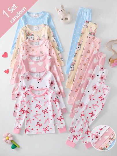 SHEIN [Random 6 Sets, 1 Set Sent] Girls Toddler Home Wear Tight-Fitting Pajama Set, Long Sleeve Long Pants, Rabbit Heart Bow Polka Dot Flower Cartoon Print, All Season, Home Or Outdoor Play, Soft Skin-Friendly Snug Fit