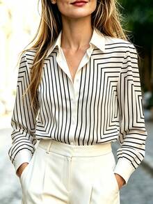 Trelyra Geometric Stripe Print Lapel Collar Satin LongSleeve ButtonDown Shirt, Elegant Office Blouse - Multicolor - View 1