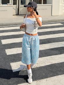 Muchica 豹紋女款腰綁帶寬鬆休閒街頭風嘻哈寬腿百慕大短褲 日常運動沙灘穿搭 白藍配色夏季款 - 水鴨藍 - 查看 5