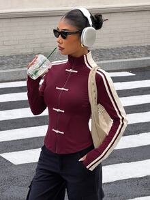 Muchica Spring/Summer New Women's Knitted Sporty Style Ribbon & Frog Button Design Sun Protection Thin Jacket - Burgundy - View 4