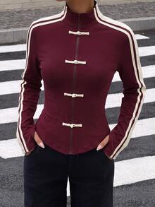 Muchica Spring/Summer New Women's Knitted Sporty Style Ribbon & Frog Button Design Sun Protection Thin Jacket - Burgundy - View 3