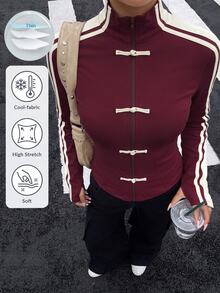 Muchica Spring/Summer New Women's Knitted Sporty Style Ribbon & Frog Button Design Sun Protection Thin Jacket - Burgundy - View 1