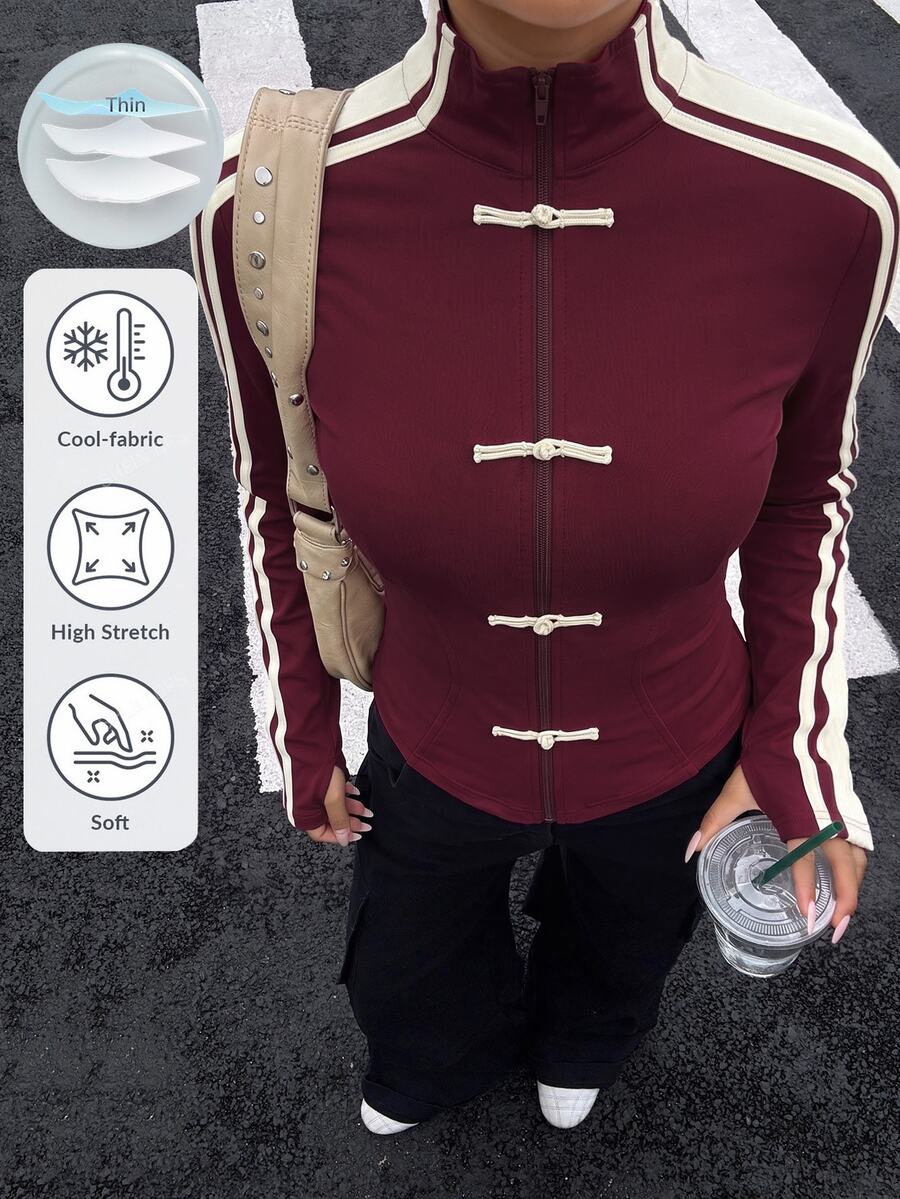 Muchica Spring/Summer New Women's Knitted Sporty Style Ribbon & Frog Button Design Sun Protection Thin Jacket - Burgundy - View 1