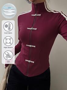 Muchica Spring/Summer New Women's Knitted Sporty Style Ribbon & Frog Button Design Sun Protection Thin Jacket - Burgundy - View 6