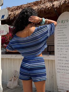 Muchica Navy Blue Striped Knit Fitted Women's Set - Navy Blue - View 2