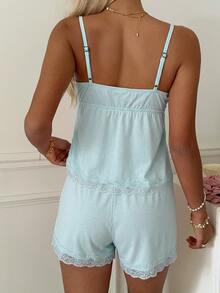 CovetEZ Women's Lace Patchwork Pleated Camisole Top And Shorts Casual Daily Set - Teal Blue - View 2