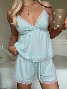 CovetEZ Women's Lace Patchwork Pleated Camisole Top And Shorts Casual Daily Set - Teal Blue - View 6