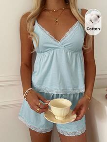 CovetEZ Women's Lace Patchwork Pleated Camisole Top And Shorts Casual Daily Set - Teal Blue - View 10