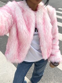 Muchica Light Pink Women's Long Sleeve Loose Open Front Faux Fur Coat - Baby Pink - View 4