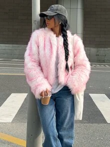 Muchica Light Pink Women's Long Sleeve Loose Open Front Faux Fur Coat - Baby Pink - View 7
